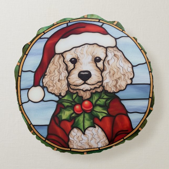 Almofada Redonda Poodle Stainle Glass Christmas (Verso)