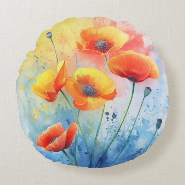 Almofada Redonda Poppies vermelhos - Travesseiro decorativo redondo (Frente)