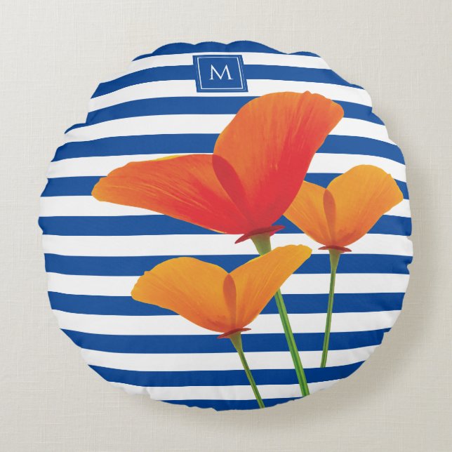 Almofada Redonda Poppy Blue Stripes Monograma (Frente)