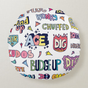 Almofada Redonda Popular Inglês - Letra Doodle Palavras em gíria