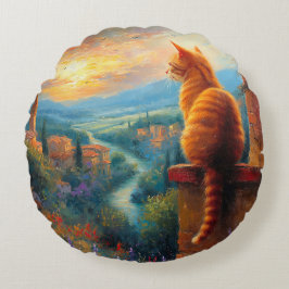 Almofada Redonda Pôr do sol toscano com um gato-gengibre