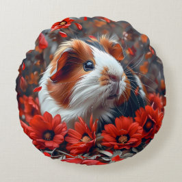 Almofada Redonda Porco-guineense entre Flores Vermelhas