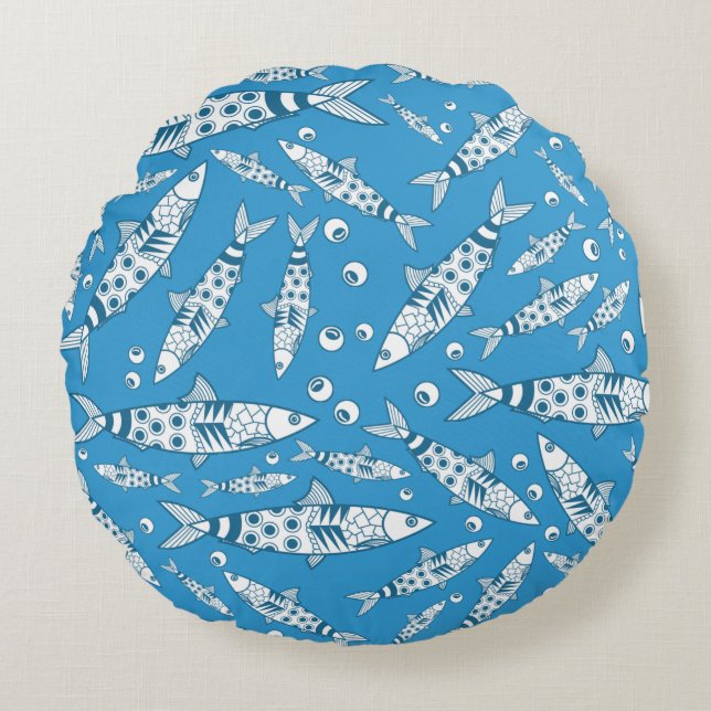 Almofada Redonda Português Lisboa Sardinha Padrão Azulejos Azul (Frente)