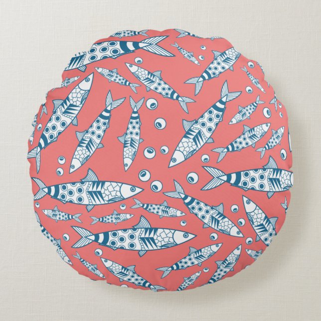 Almofada Redonda Português Lisboa Sardinha Padrão Azulejos Rosa (Frente)