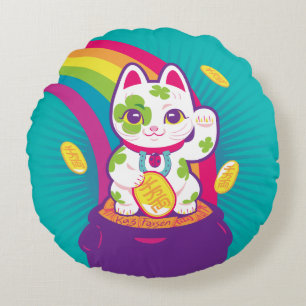 Almofada Redonda Pote de boa sorte de Maneki Neko do gato de ouro