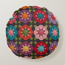 Almofada Redonda Pouf Preto Decorativo com 20 Flores de Margarida -