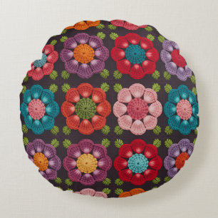 Almofada Redonda Pouf Preto Decorativo com 20 Flores de Margarida -