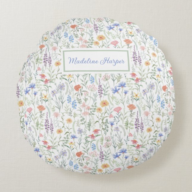 Almofada Redonda Prado de Flores Silvestres Coquette Personalizado  (Frente)