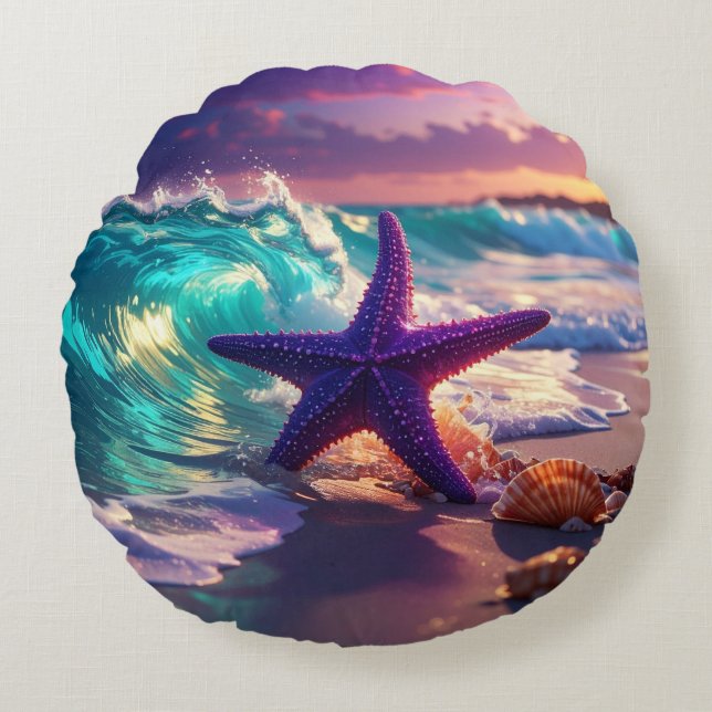Almofada Redonda Praia oceânica com estrelas-do-mar violetas (Frente)