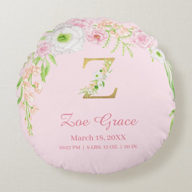 Almofada Redonda Precious Pink Gold Monogram "Z" Baby Girl Stats (Frente)