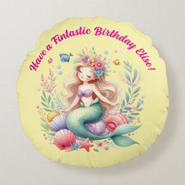 Almofada Redonda Presente de Aniversário Fantástico de Sereia Mágic (Frente)