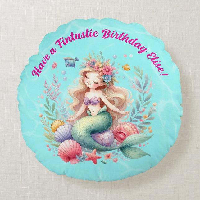 Almofada Redonda Presente de Aniversário Fantástico de Sereia Mágic (Frente)