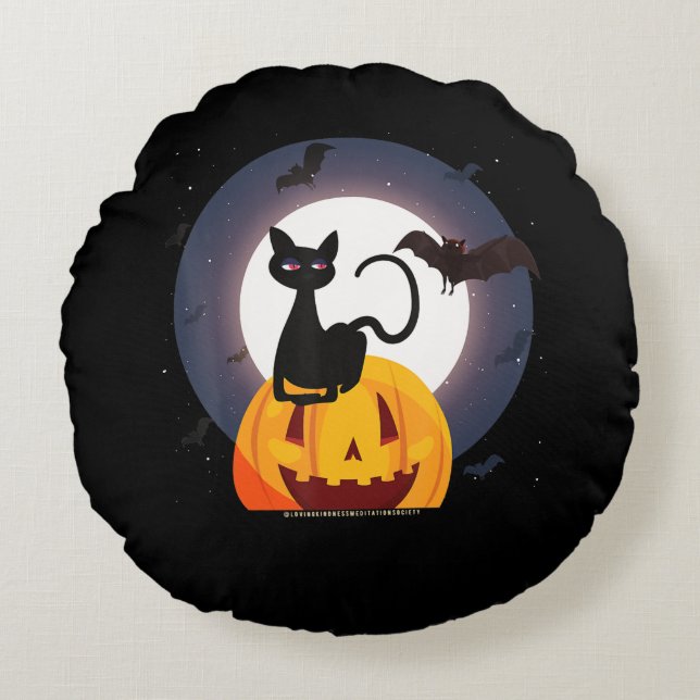 Almofada Redonda Presente de aranha | Pumpkin Preto De Gato Hallowe (Frente)