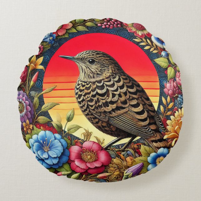 Almofada Redonda 🌿 Presente de Arte de Floral em Flor para Pássaro (Frente)