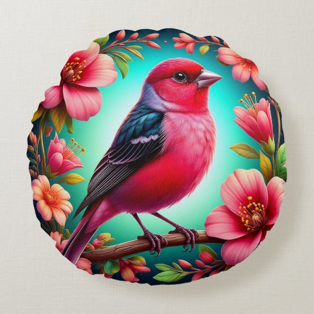 Almofada Redonda 🌸 Presente de Arte de Pássaros de Galhos Florais  (Frente)