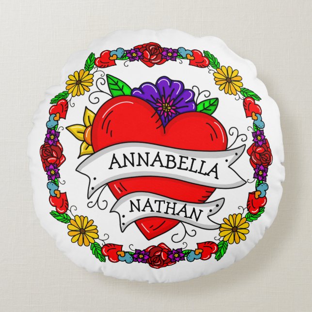 Almofada Redonda Presente Romântico de Casal | Tatuagem Estilo Arte (Frente)