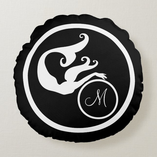 Almofada Redonda Preto com monograma inicial de sereia branca náuti (Frente)