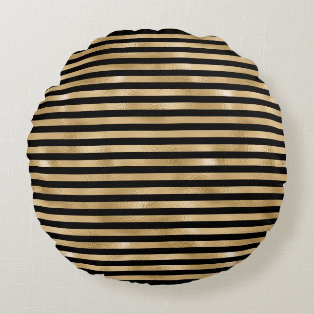 Almofada Redonda Preto e Dourado Listrado Chic Moderno (Frente)