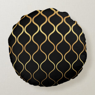 Almofada Redonda Preto, ouro, design abstrato legal, na moda, retro