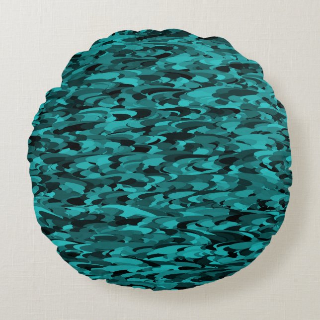 Almofada Redonda Preto-Teal do Padrão abstrato (Frente)