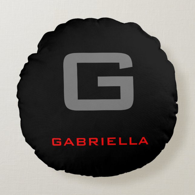 Almofada Redonda Preto Vermelho Branco Seu Nome Monograma Inicial (Frente)
