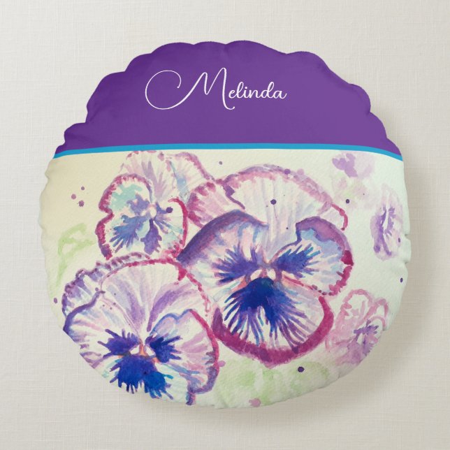 Almofada Redonda Pretty Floral Pastel Pansy Purple Watercolor  (Frente)