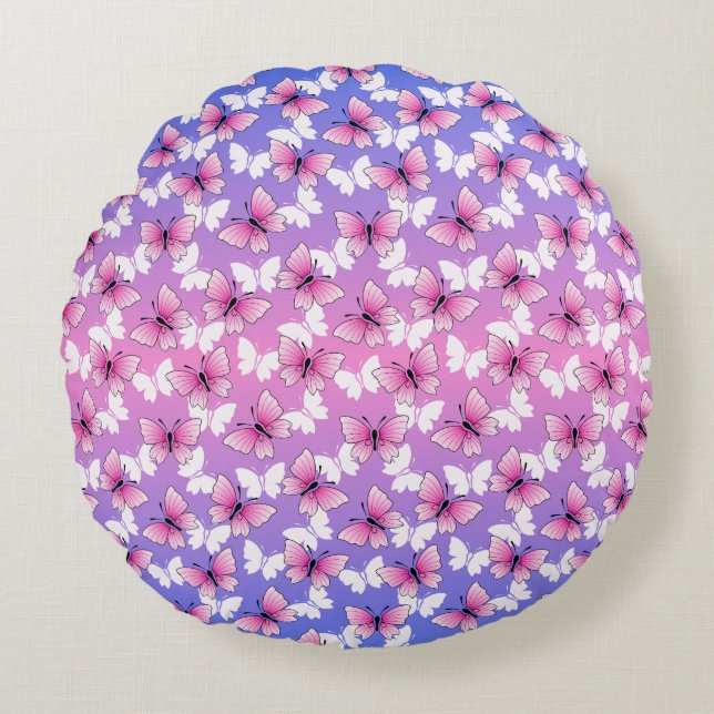 Almofada Redonda Pretty Pink and White Butterfly Round Pillow  (Frente)