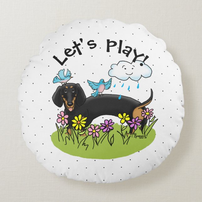 Almofada Redonda Primavera Dachshund Dog Dachsie (preto e bronzeado (Frente)