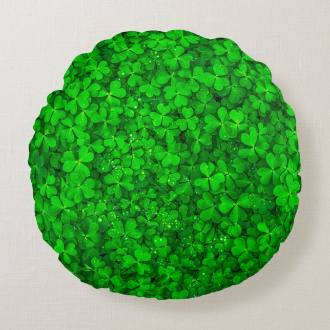 Almofada Redonda Primavera de shamrock verde com trevo (Frente)