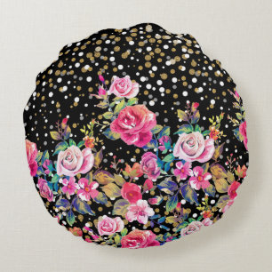 Almofada Redonda Primavera floral e dourado de cor aquosa moderna
