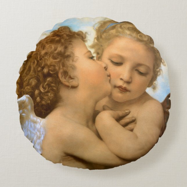 Almofada Redonda Primeiro Beijo (detalhe de anjo) por Bouguereau (Frente)