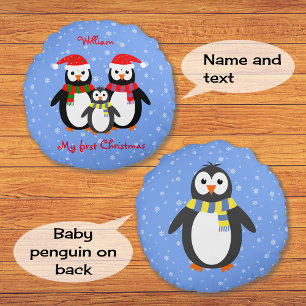 Almofada Redonda Primeiro pinguins de natal, seu texto azul de dois