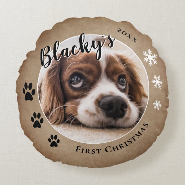 Almofada Redonda Primeiro Puppy Natal Rustic Dog Name Foto (Frente)