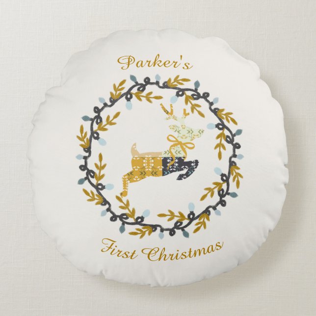 Almofada Redonda Primeiro Veado de Natal com Coroa Amarela Creme (Frente)