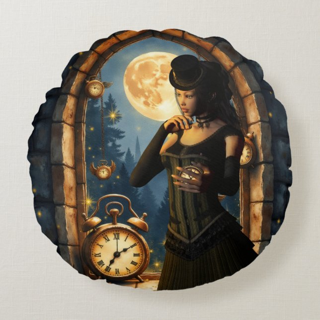 Almofada Redonda Princess of the Clocks – Keeper of Moonlit Hours.  (Frente)