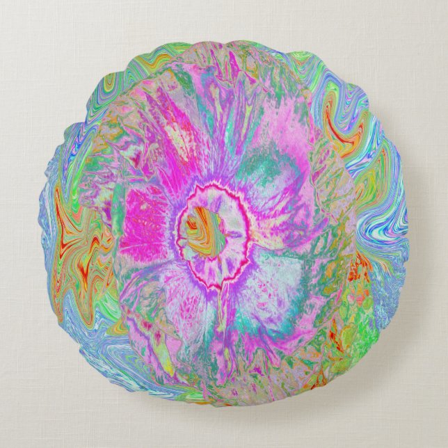 Almofada Redonda Psicodélico, Rosa Quente e Hibisco Ultra-Violeta (Frente)
