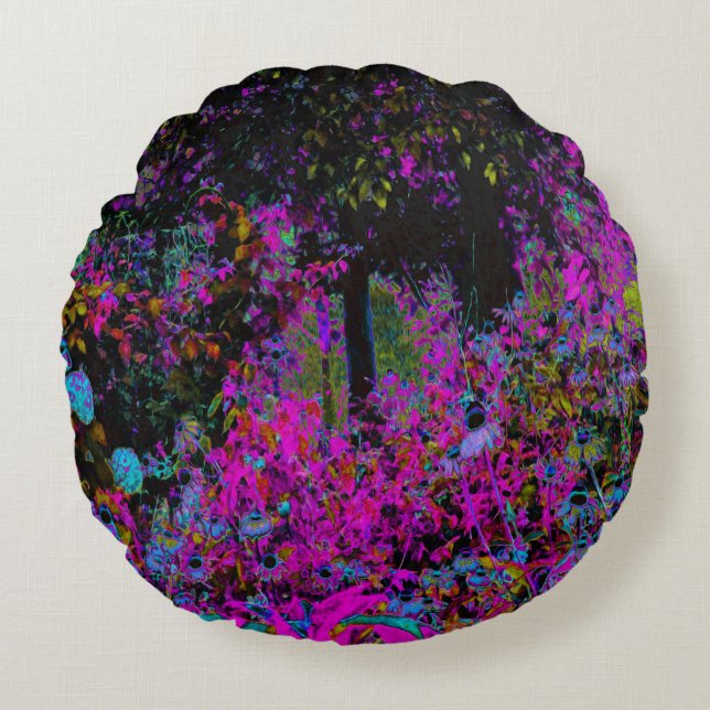 Almofada Redonda Psicodélico, Rosa Quente e Jardim Negro (Frente)