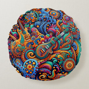 Almofada Redonda Psychedelic Batik Guitar Arte Colorida Música Retr