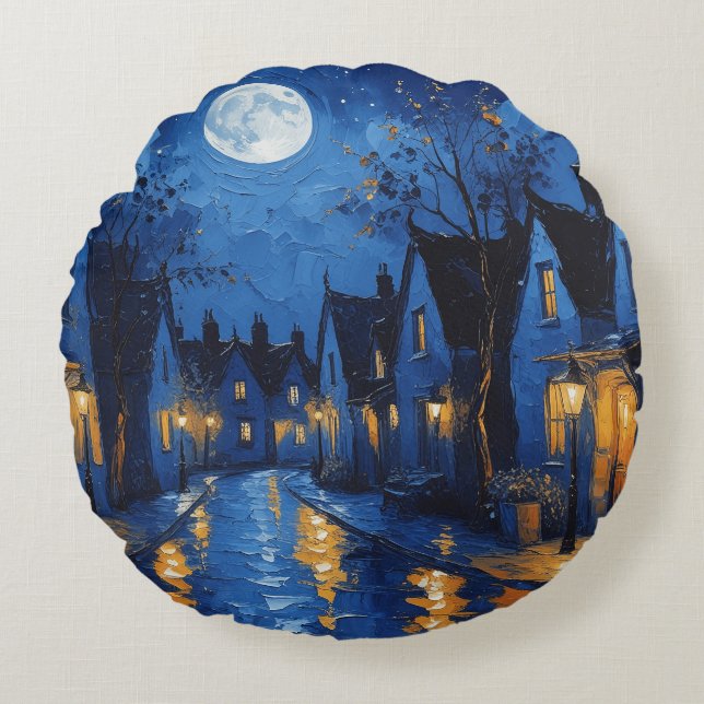 Almofada Redonda Pueblo de noche con luces y faroles (Frente)