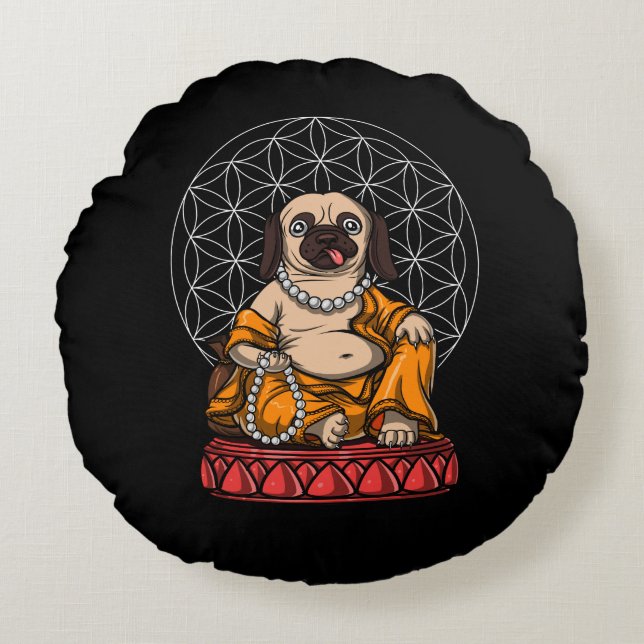 Almofada Redonda Pug Buddha Cachorro Zen Yoga Meditação Pet (Frente)