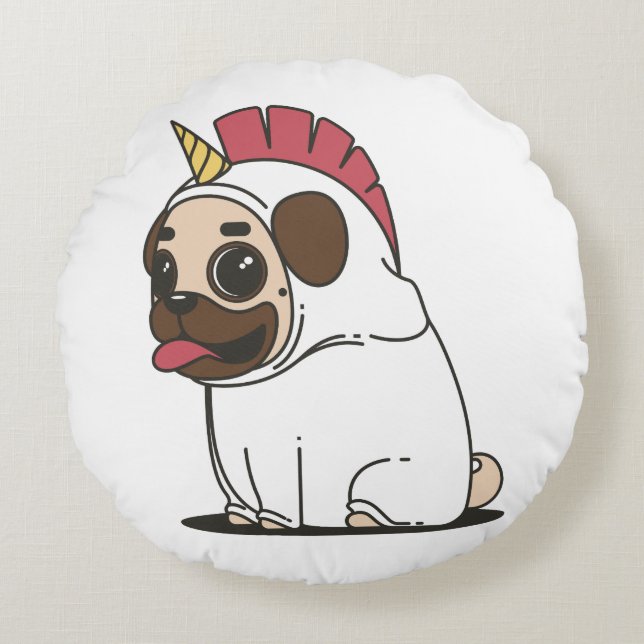 Almofada Redonda Pug de sorriso dos desenhos animados em um traje (Frente)