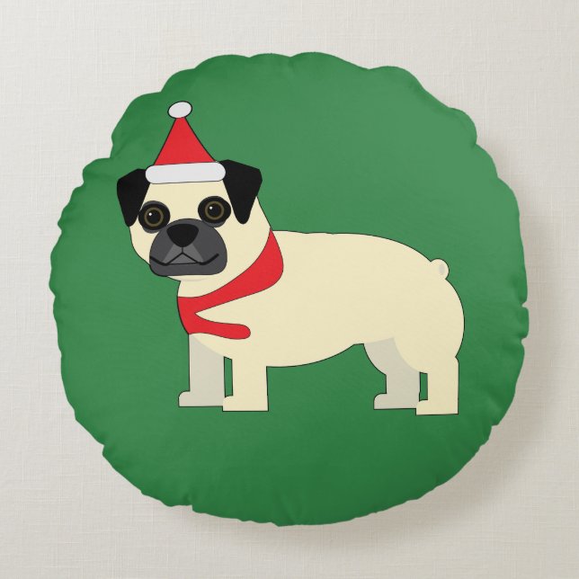 Almofada Redonda Pug do Natal (Frente)