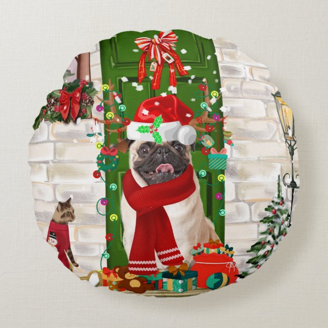 Almofada Redonda Pug Dog Christmas (Frente)