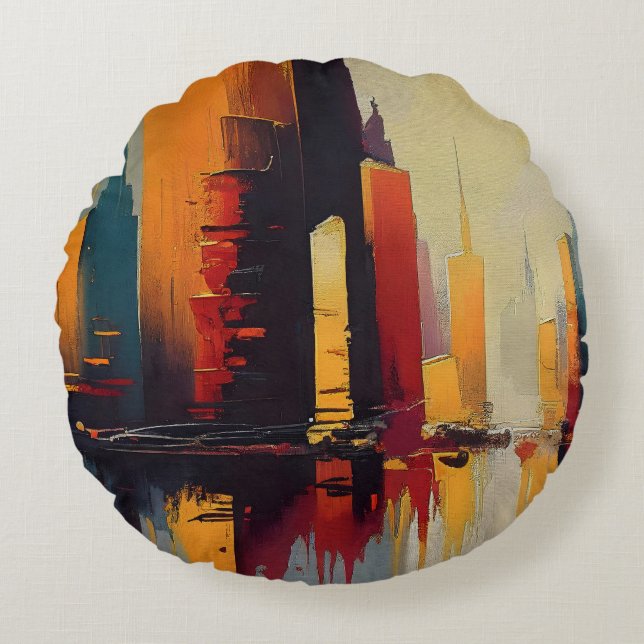 Almofada Redonda Pulso Urbano – Cidade Abstrata em Ritmo Vertical (Frente)