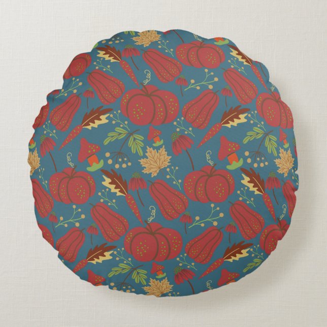Almofada Redonda Pumpkin and carrot  seamless pattern red and blue (Frente)