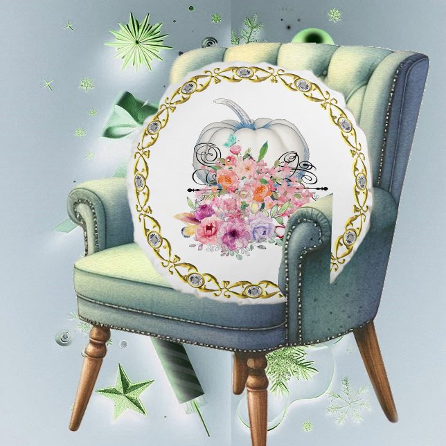 Almofada Redonda Pumpkin Branco Dourado Queda Aquarela (Gold Rim White Pumpkin Fall Floral Watercolor Round Pillow)