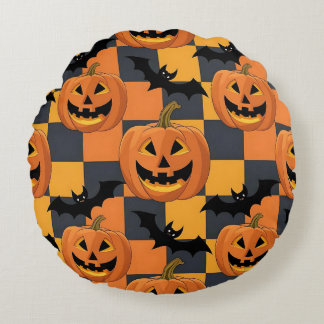 Almofada Redonda Pumpkin de Spookeen e Padrão de Bat