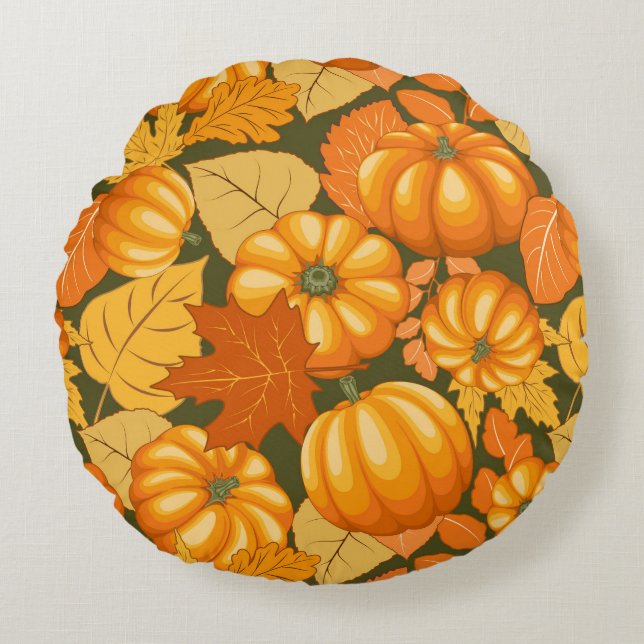 Almofada Redonda Pumpkins Patterno do Halloween em Fall Season (Frente)