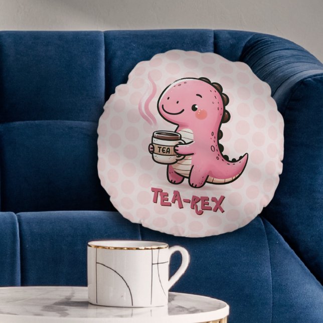 Almofada Redonda Pun Dinossauro Personalizável, Doce Tea-Rex (Sweet Tea-Rex Customizable Dinosaur Animal Pun Polka Dot Pillow)
