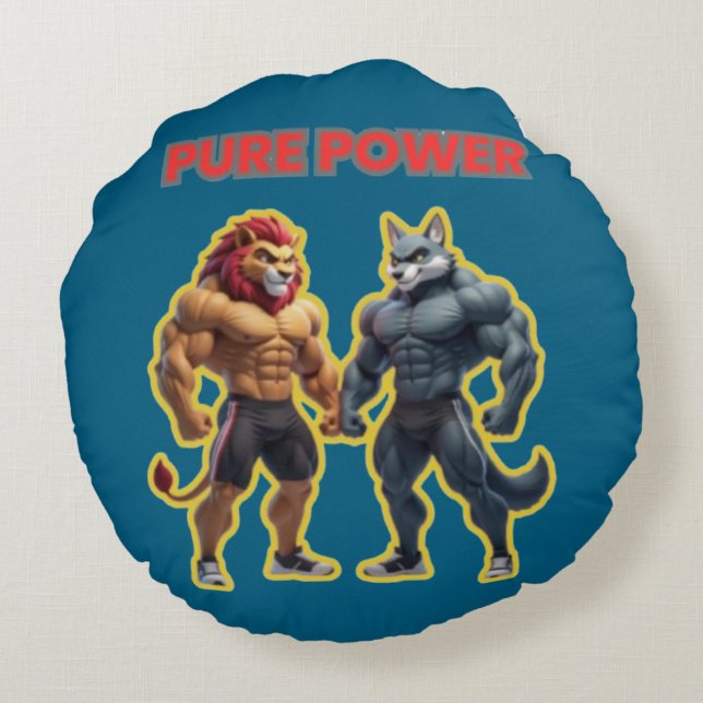 Almofada Redonda Pure Power – Strong Animal Muscle Cartoon Design (Verso)